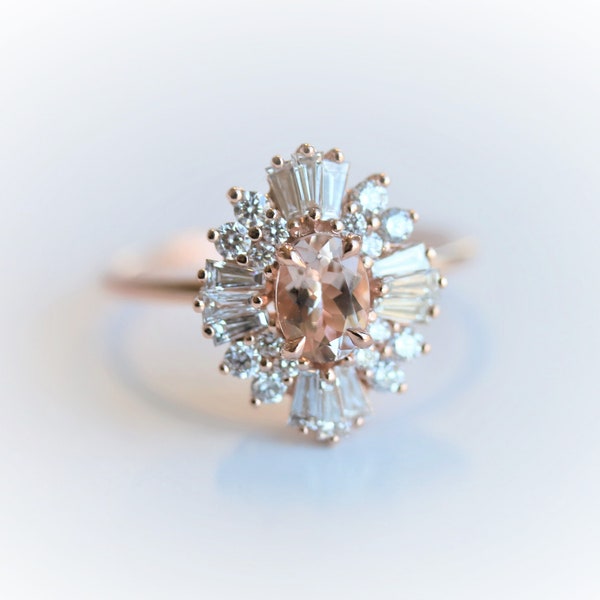 Victoria -  Morganite Vintage-Inspired Halo Ring | 14k Morganite Halo Ring | Morganite  Engagement Ring