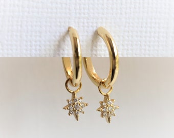 Stella | 10 mm Hoop with CZ Star Dangle Earrings, Vermeil Huggie, Star Huggie Hoop Earrings, Star Earrings