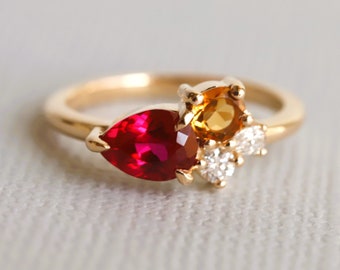 Bella - Ruby, Citrine, and Diamond Cluster Ring | Ruby Cluster Ring | Citrine Ring | Birthstone Ring