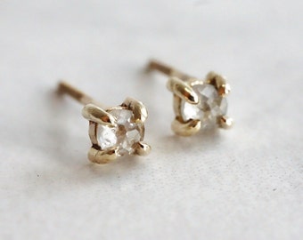Tiny 3 mm Rose Cut Diamond Stud Earrings - 4 Prong Earrings - Gold Stud Earrings 14K - April Birthstone Gift