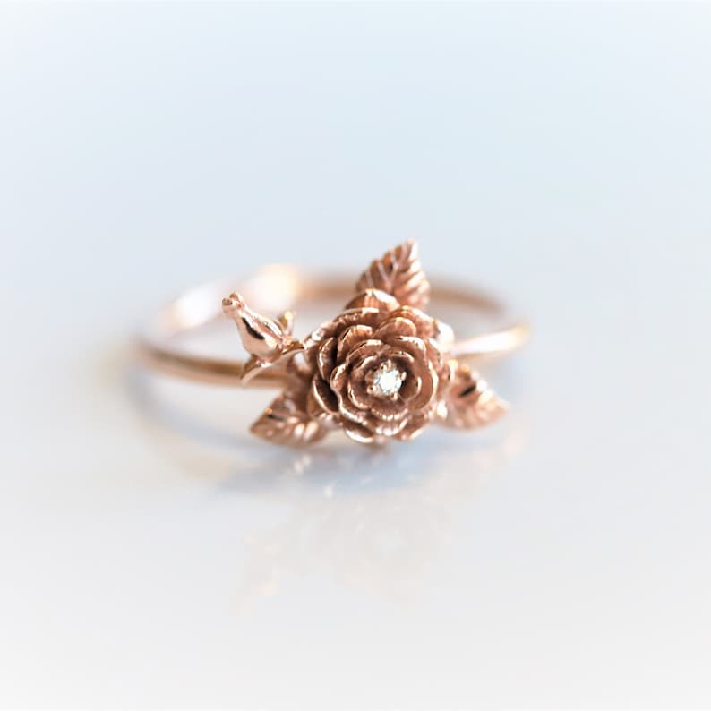 ROSE 9K Gold Diamond Rose Ring Solid 9K Gold Flower Ring | Etsy