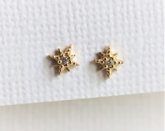 Stella | 14K Vermeil CZ Starburst Stud Earrings, Vermeil Star Stud, Star Earrings