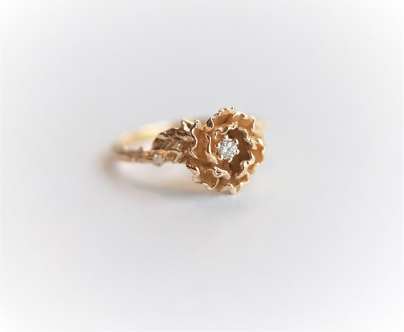 Peony No.1 14k Diamond Peony Ring Solid 14k Gold Flower - Etsy