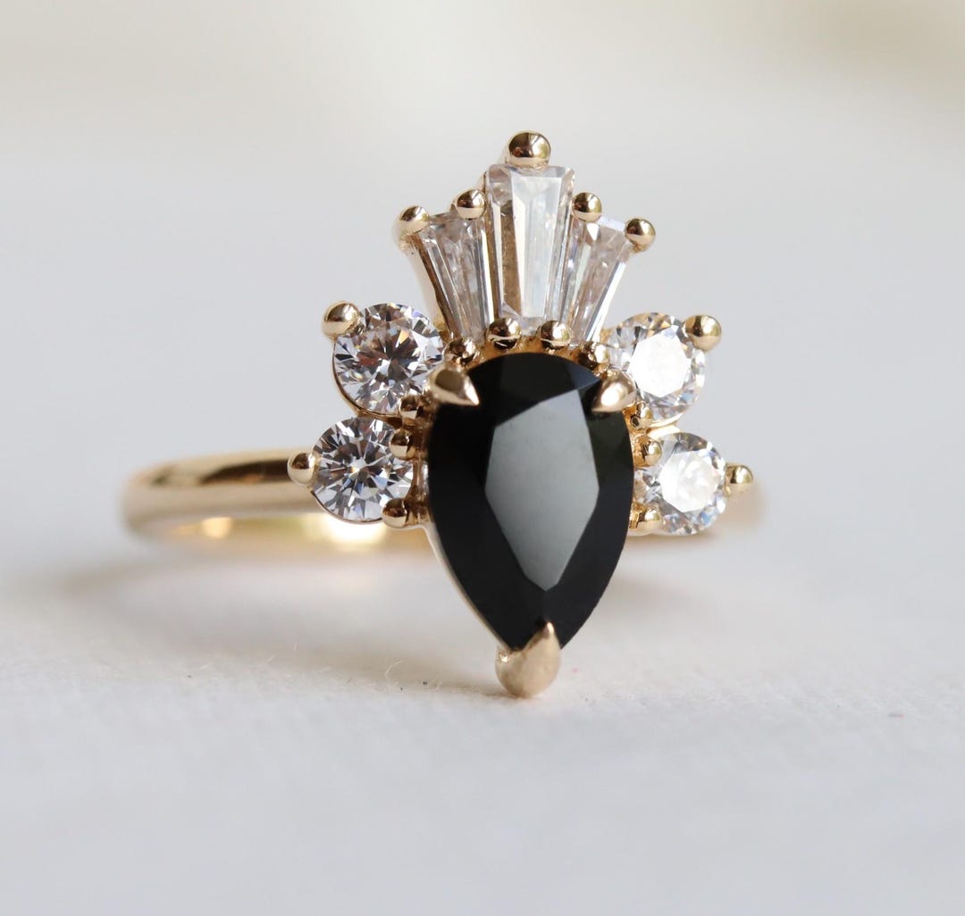 Decora | Pear Black Diamond Ring: 1ct Half Halo Engagement Ring - Etsy
