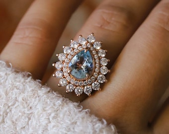 Josephine | Pear Aquamarine Double Halo Ring - Pear Engagement Ring, Aquamarine Engagement Ring, Diamond Double Halo Ring