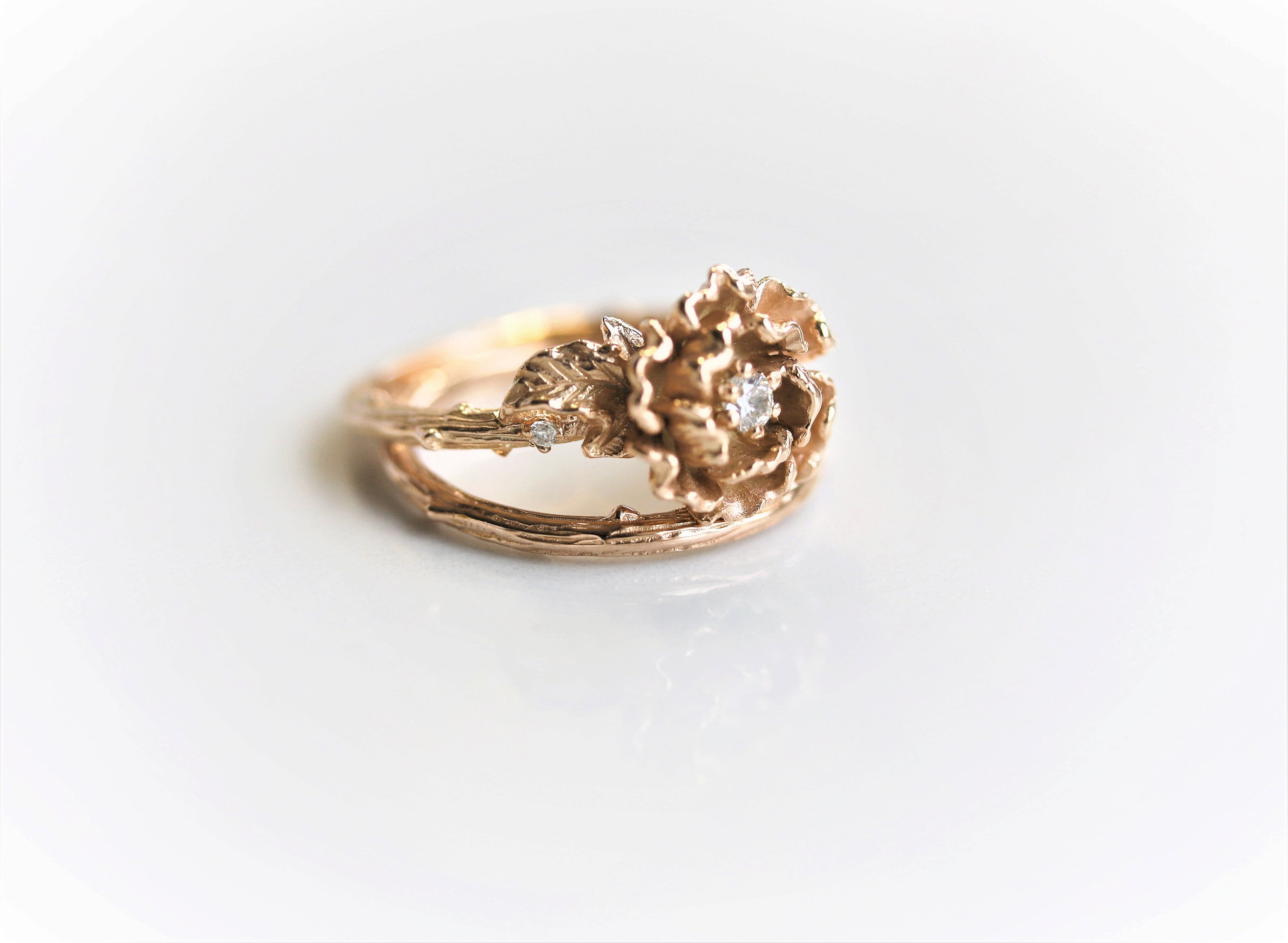 Peony No.1 14k Diamond Peony Ring Solid 14k Gold Flower Etsy