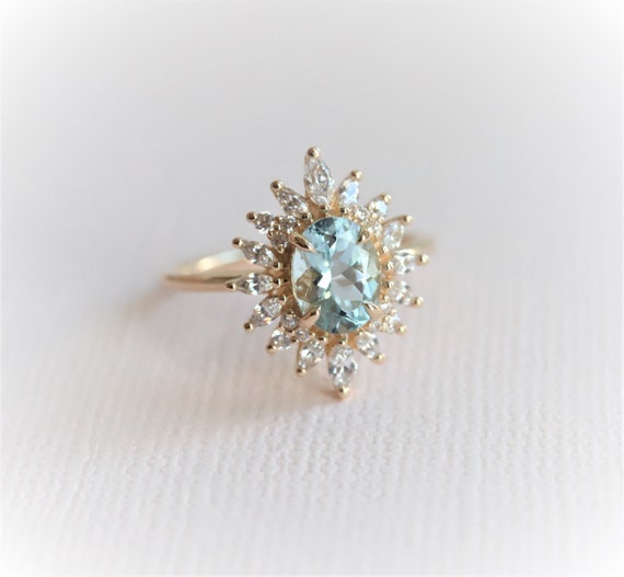 Lana | Oval Aquamarine & Diamond Halo Ring, Aquamarine cluster Ring, Oval Aquamarine Ring, Aquamarine Cocktail Ring