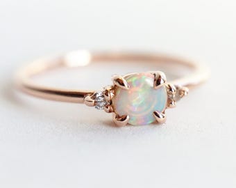 Sophie | Dainty Australian Opal Ring: Diamond Accent, 14k Gold Engagement Ring
