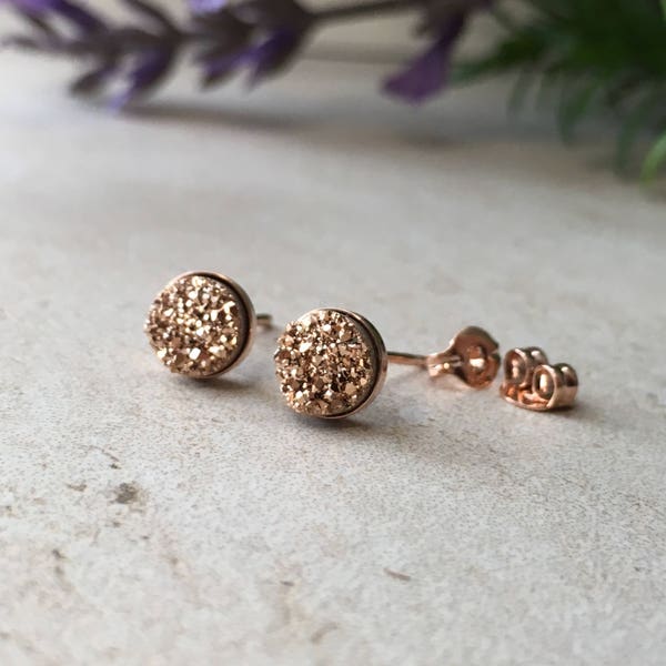 Tiny 6 mm Rose Gold Druzy 14k Rose Pink Gold over Solid 925 Sterling Silver - Rose Gold Druzy Studs - Vermeil Setting