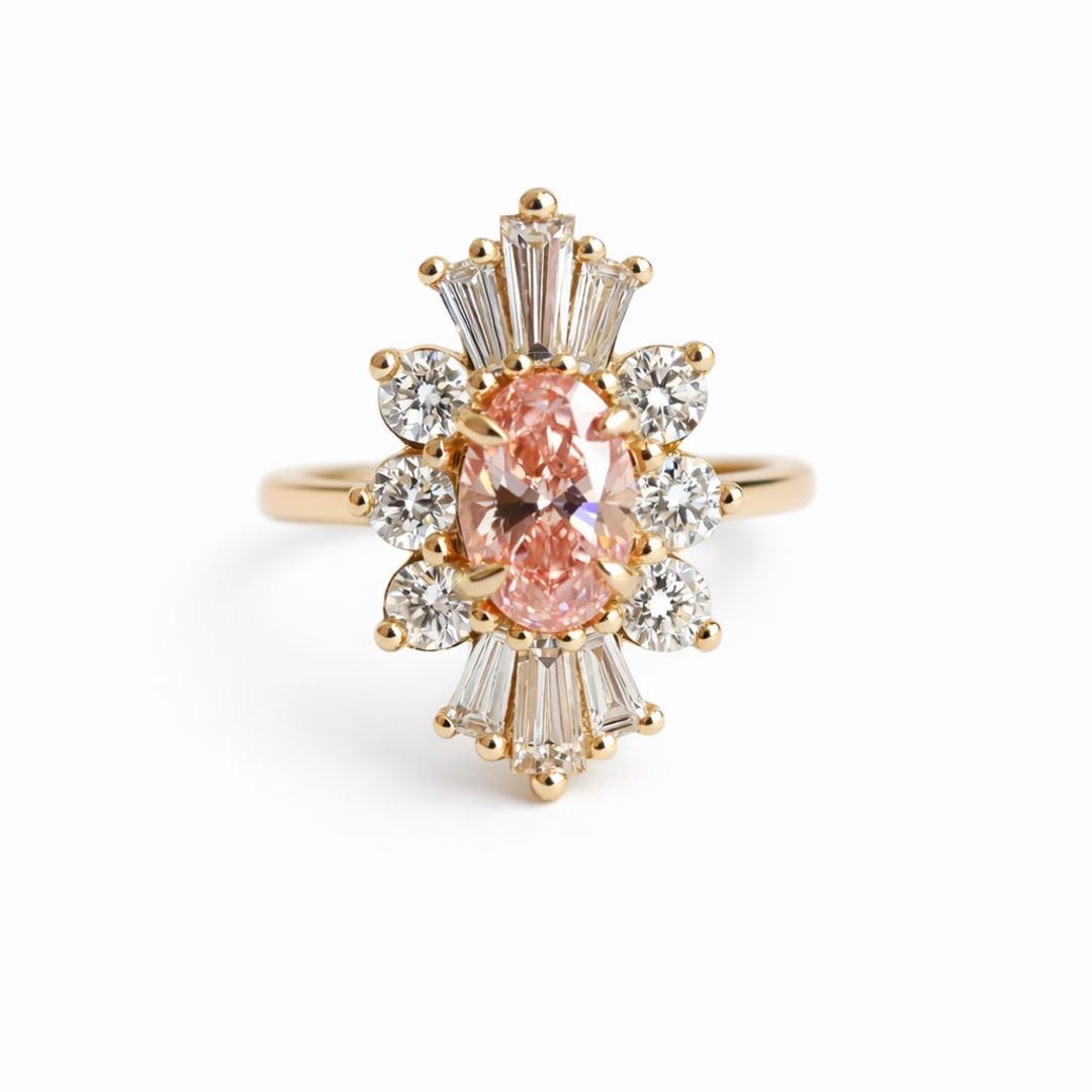 Decora | Oval Pink Lab Grown Diamond Halo Ring, Oval Pink Diamond Halo ...