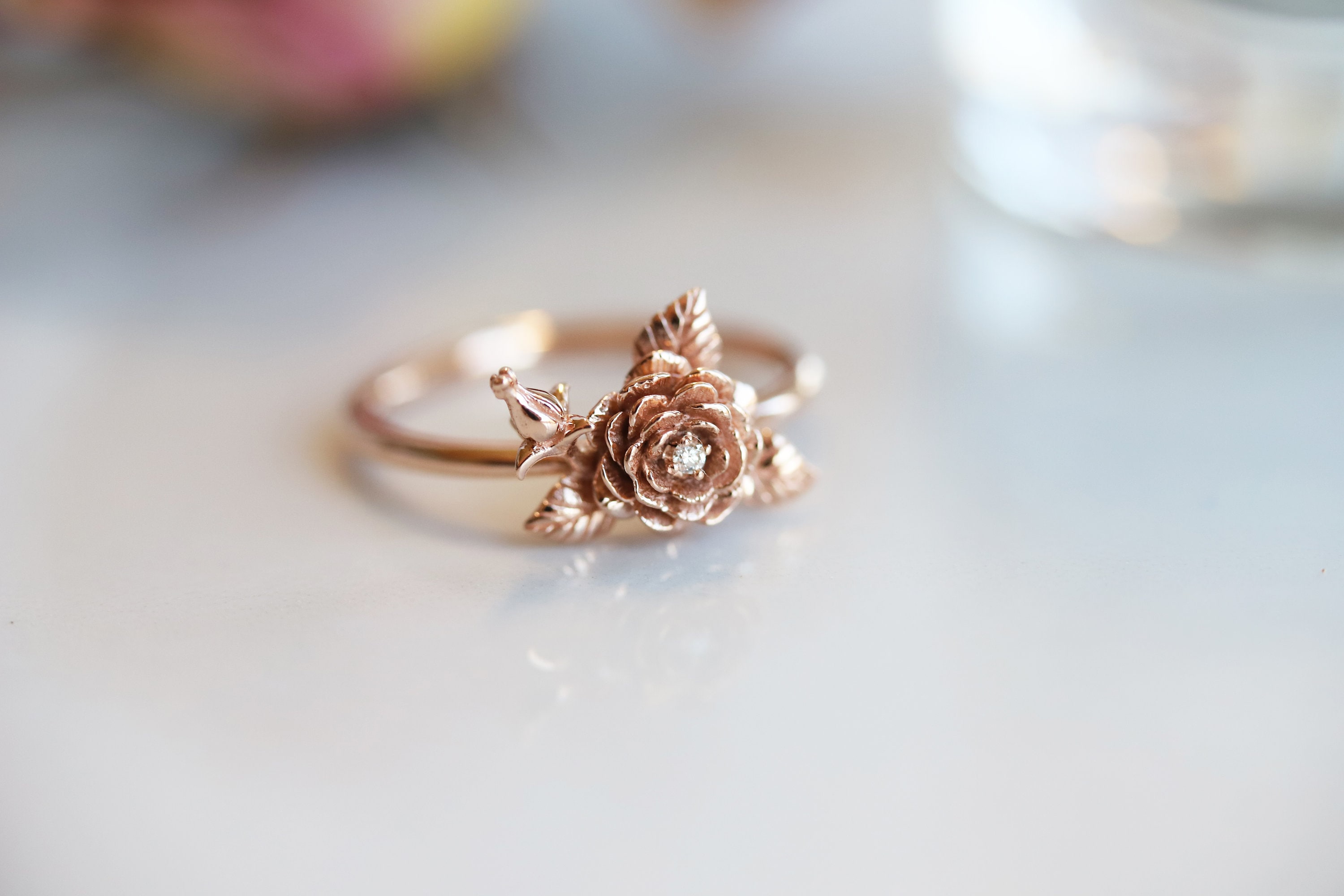 ROSE 14K Gold Diamond Rose Ring Solid 14k Gold Flower Ring Rose Ring Dainty Flower Ring Hand Carved Flower Ring Valentine Gift Etsy