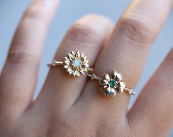 Sunflower Australian Opal Ring 9K and 14K Gold Sunflower Ring