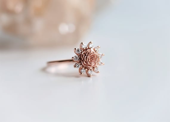 ROSE Halo Ring Diamond Rose Ring 14k Gold Flower Ring Rose Ring