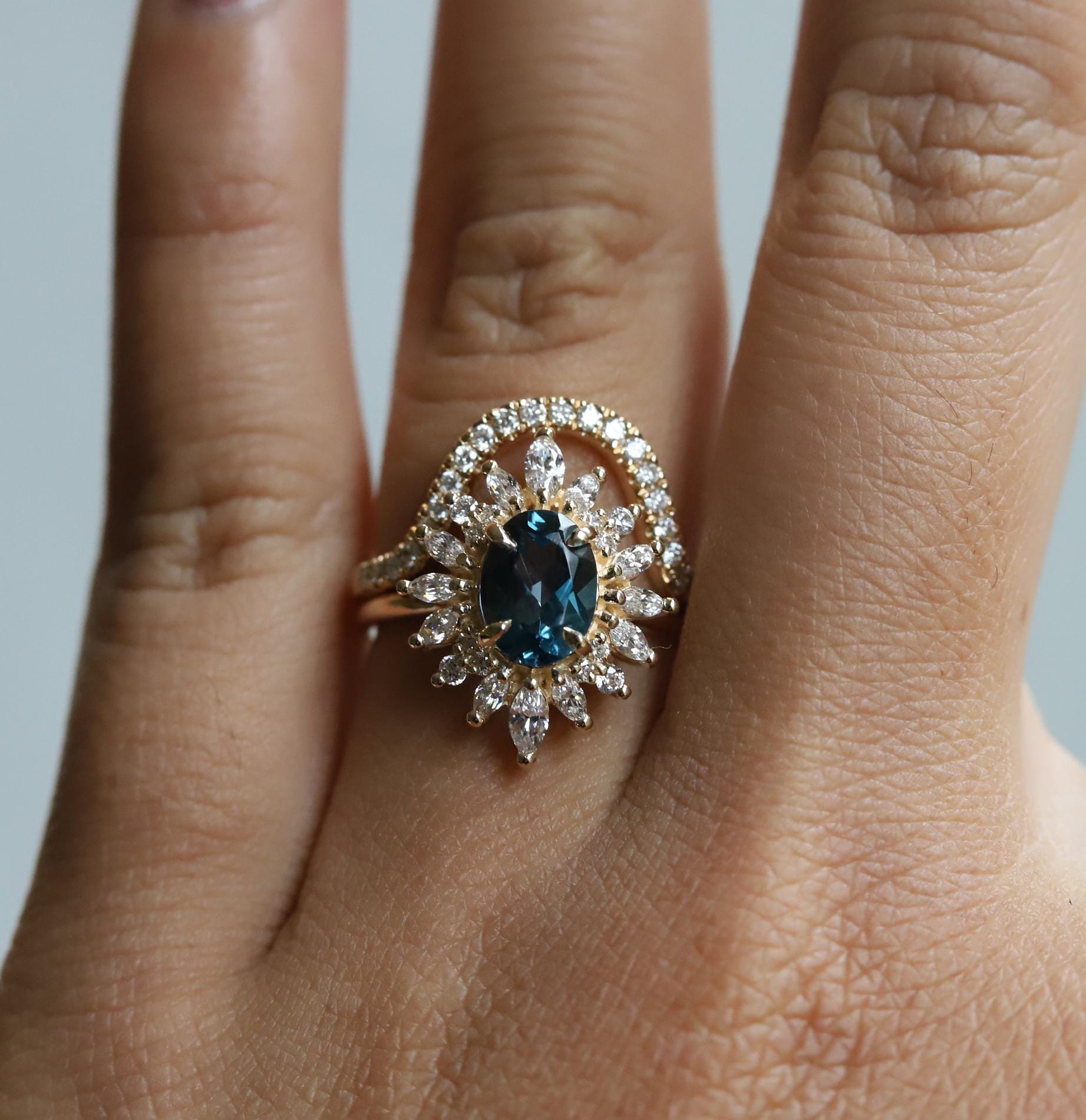 Lana | Oval London Blue Topa Halo Ring, Blue Topaz Cluster Ring, Oval ...