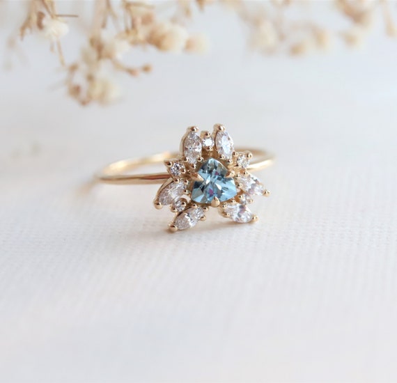Layla | Aquamarine Trillion Halo Ring, Aquamarine Gold Diamond Ring, Trillion Aquamarine Cluster Ring, Trillion Aquamarine Engagement Ring