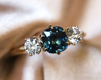 14K Cushion Cut Teal Sapphire & Diamond 3-Stone Ring