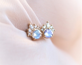 Olivia - 14K Rainbow Moonstone & Diamond Crown Studs Earring | Moonstone earrings | Moonstone studs | Round Moonstone