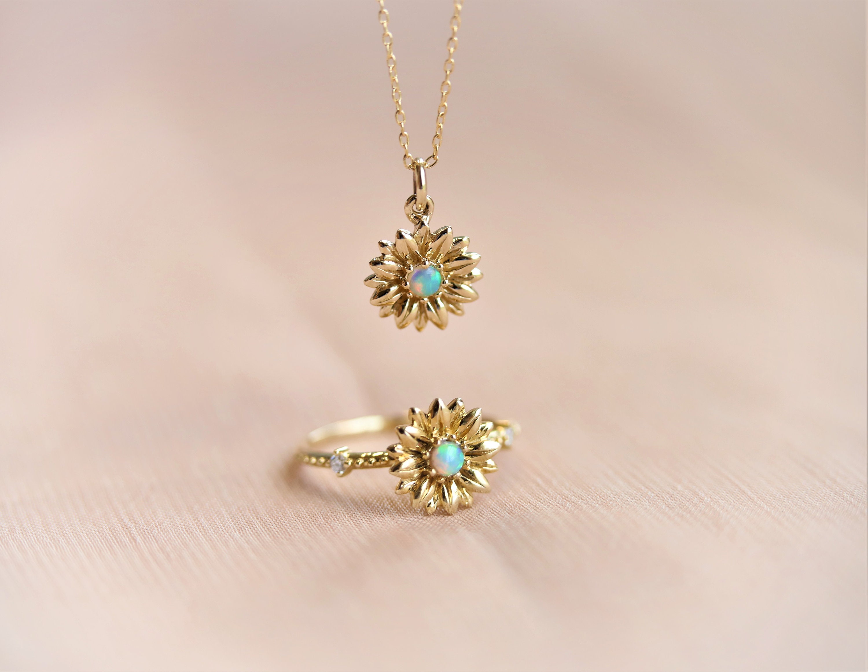 Sunflower Necklace 14ksunflower and Australian Opal Necklace