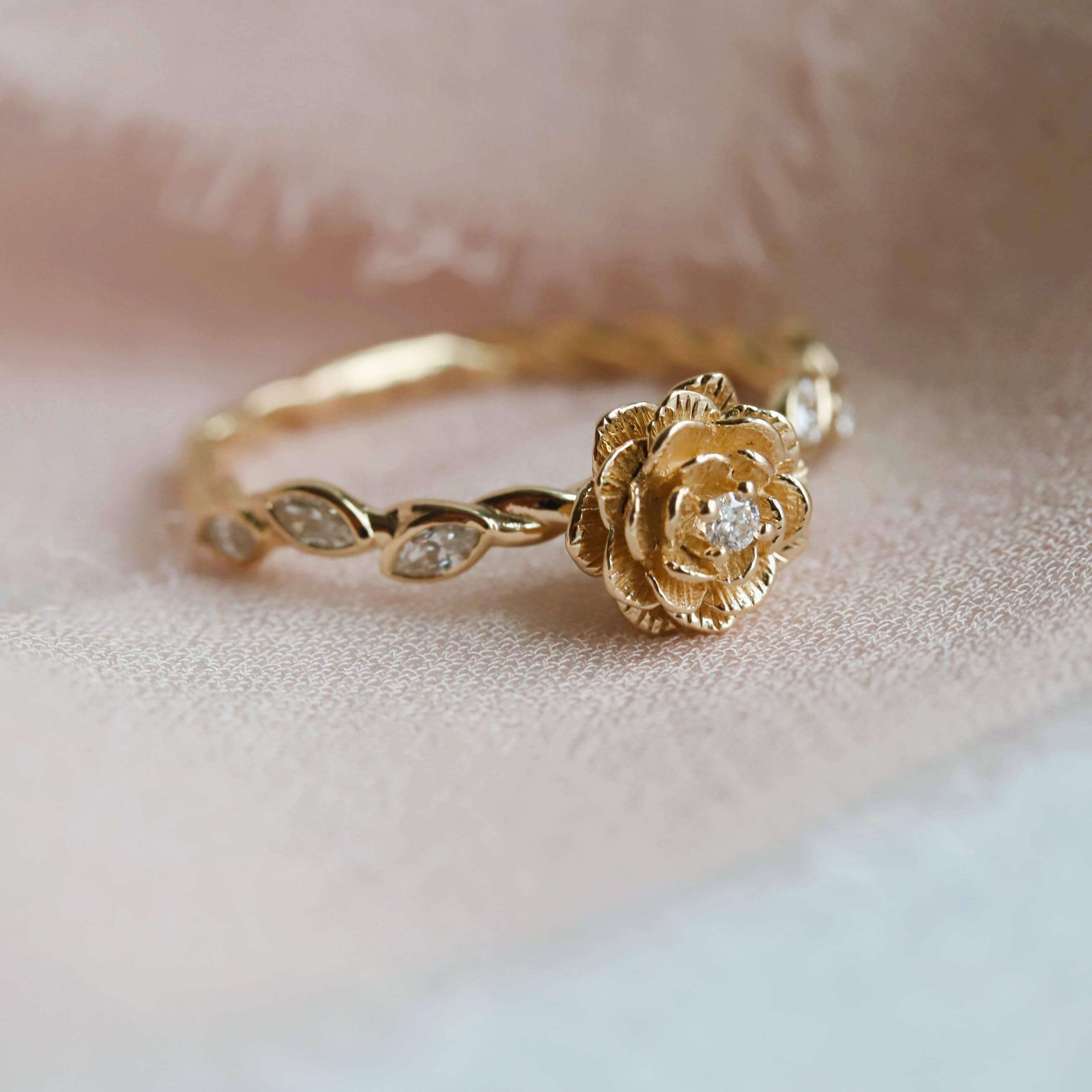 Rose No. 4 | Dainty Gold Flower Ring: Rose, Diamond Accent