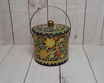 Vintage Daher Embossed Black Floral Tin Canister with Lid and Handle Made in England