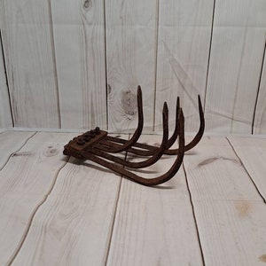 May include: A rusty metal garden rake with five tines. The rake is lying on a light wood surface.