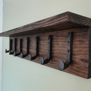 Wall Coat Rack, 7 Railroad Spike Hooks, Walnut Stain, Shelf, Rustic, Free Shipping, ID 813