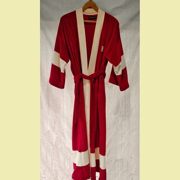 Vintage Velour Men's Bathrobe Pierre Cardin Paris New York Long Red 70's 80's Loungewear Retro Designer Poly Velvet Regal Robe Belt Pockets