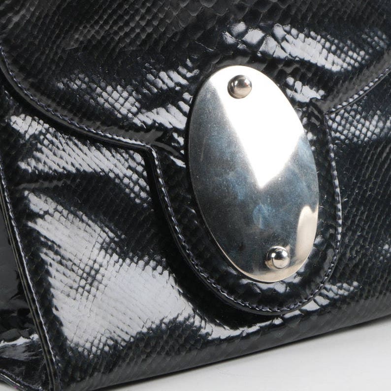 60/'s 70/'s Handbag Patent Leather Snakeskin Jackie O Style Marshall Fields and Company Made in France Black Purse Silver Color Metal Hardware