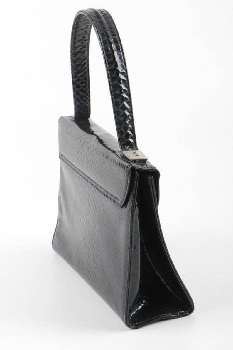 60/'s 70/'s Handbag Patent Leather Snakeskin Jackie O Style Marshall Fields and Company Made in France Black Purse Silver Color Metal Hardware
