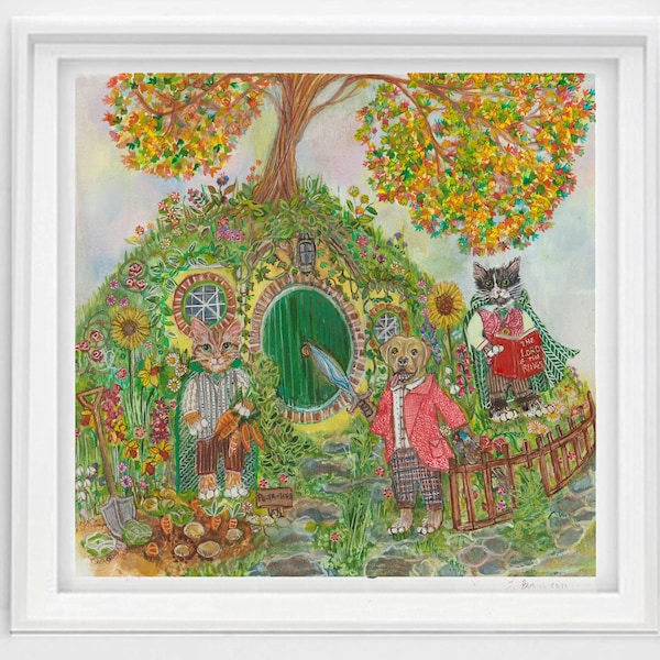 Lord of the Rings The Shire Hobbiton Dog and Cat Mounted Print