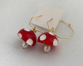 Handmade Toadstool Mushroom Earrings  Gold Plate Hexagon Hoops | Resin and Freshwater Pearl | Celestial | Fairy | Magic | Witch | Jewellery