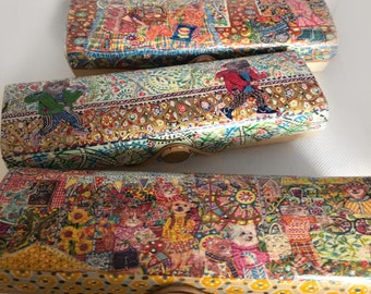 Hand painted eco friendly gold leaf bamboo glasses sunglasses case 3 designs run cat and jog dog, Garden picnic, Pet Pal Market