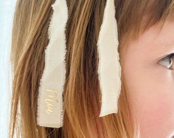 Laço de seda vintage personalizado/laço com nome/laço de cabelo com borda crua/rosa balé/prendedor de laço neutro tingido à mão/faixa de cabeça para bebê
