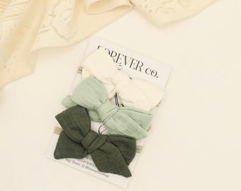 Conjunto de 3 tiaras de musselina para bebê/laços de outono/criança/laço de gaze/sálvia/neutros de outono