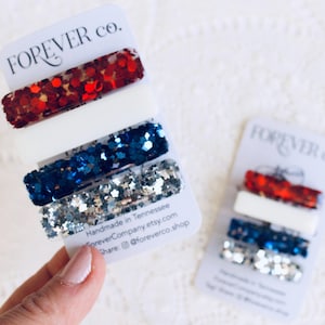 Patriotic Sparkle Hair Clip Set: Red, White & Blue Glitter Star Barrettes