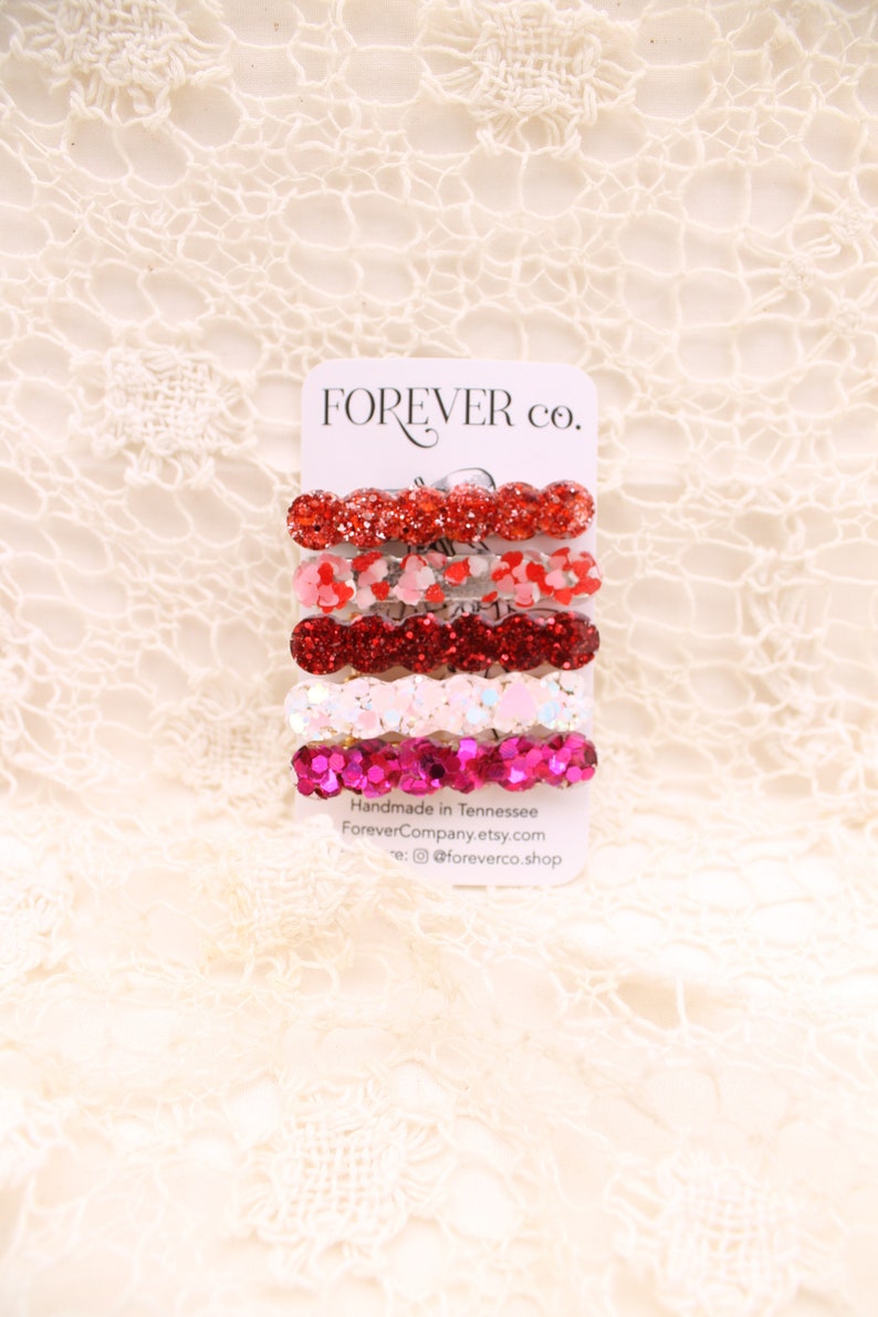 Lot de 5 pinces à cheveux Love Sparkle/ Résine pailletée rose rouge/ Barrette fantaisie/ Cadeau Saint-Valentin/ Panier Vday image 6