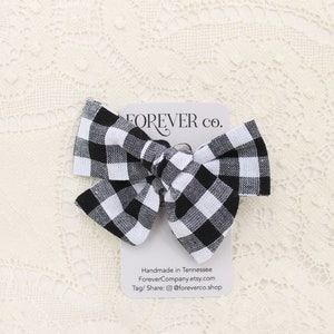 Spinki do włosów z kokardą w kratkę gingham/ Czarno-białe kokardy/ Antypoślizgowy klips dla maluchów/ Kokarda vintage/ Kokarda piknikowa