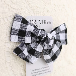 Opaska na głowę dla niemowląt z kokardą w kratkę gingham/ Czarno-białe kokardy/ Elastyczna opaska do włosów dla malucha/ Kokarda do włosów vintage/ Kokarda piknikowa
