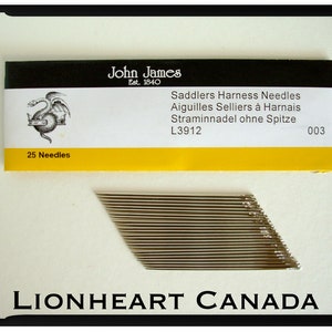 May include: A pack of 25 silver saddlers harness needles, labelled "John James Est. 1840 Saddlers Harness Needles Aiguilles Selliers à Harnais Straminnadel ohne Spitze L3912 003".