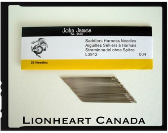 May include: A pack of 25 silver saddlers harness needles, labelled "John James Est. 1840 Saddlers Harness Needles Aiguilles Selliers à Harnais Straminnadel ohne Spitze L3912 004 25 Needles".