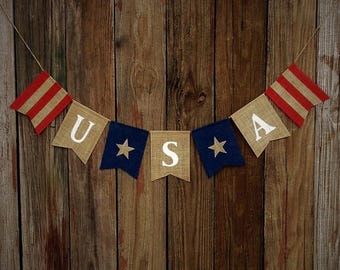 USA Burlap Banner - Patriotic Burlap Banner, July 4th Banner, Photo Prop, Rustic Burlap Banner, Independence Day, Red White & Blue