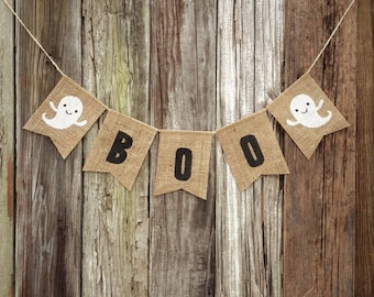 BOO Halloween Decoration, Halloween Bunting, Fall Burlap Banner, Rustic Fall Decor, Ghosts Burlap Banner, Photo Prop