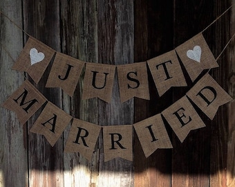 JUST MARRIED, Burlap Wedding Banner, Wedding Decoration, Burlap Bunting, Photo Prop, Bridal Shower, Rustic Wedding, Beach Wedding