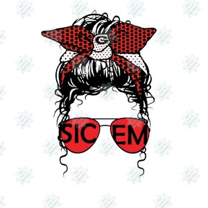 May include: A black and white illustration of a woman with a red and white polka dot headband with a black letter G on it. She is wearing red sunglasses with the text "SIC EM" in black letters.