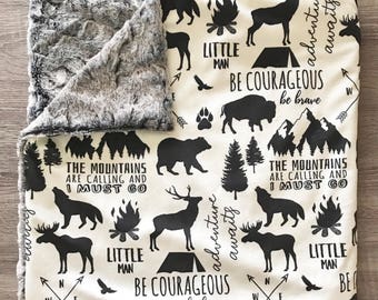 Personalized Baby Blanket Mountains Deer Adventure Theme Personalized Swaddle Arrow Little Bear Trees Baby Name Blanket