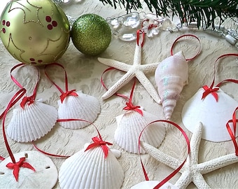 Beach Christmas Ornaments - Shells, starfish, & Sand Dollars with diamond dust.   Your ribbon choice Set of 10