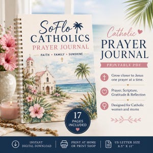 May include: A spiral-bound prayer journal titled SoFlo Catholics with a watercolor illustration of a coastal church, palm trees, and hibiscus flowers. The cover features the text Faith, Family, Sunshine and includes 17 pages in US letter size.