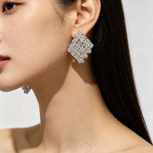Diamond Shape Stud Earrings, Four Prong Statement Earrings, Luxury Simulated Stone Jewelry for Women