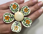 Upcycled Enamel Flower Ring. Hand Painted West Germany Brooch Repurposed to a Statement Ring. Sustainable Jewelry.
