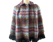 Vintage Mohair Wool Poncho or Jacket in Blue and Red Plaid from Strathtay Originals of Scotland.